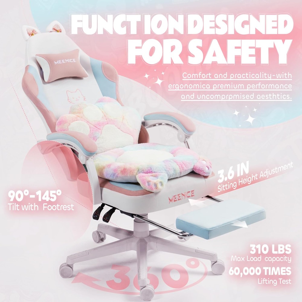 Pc Gaming Chair - Niedlicher Gaming-Stuhl mit Katzenohren, Pfote, Lendenwirbelsäule