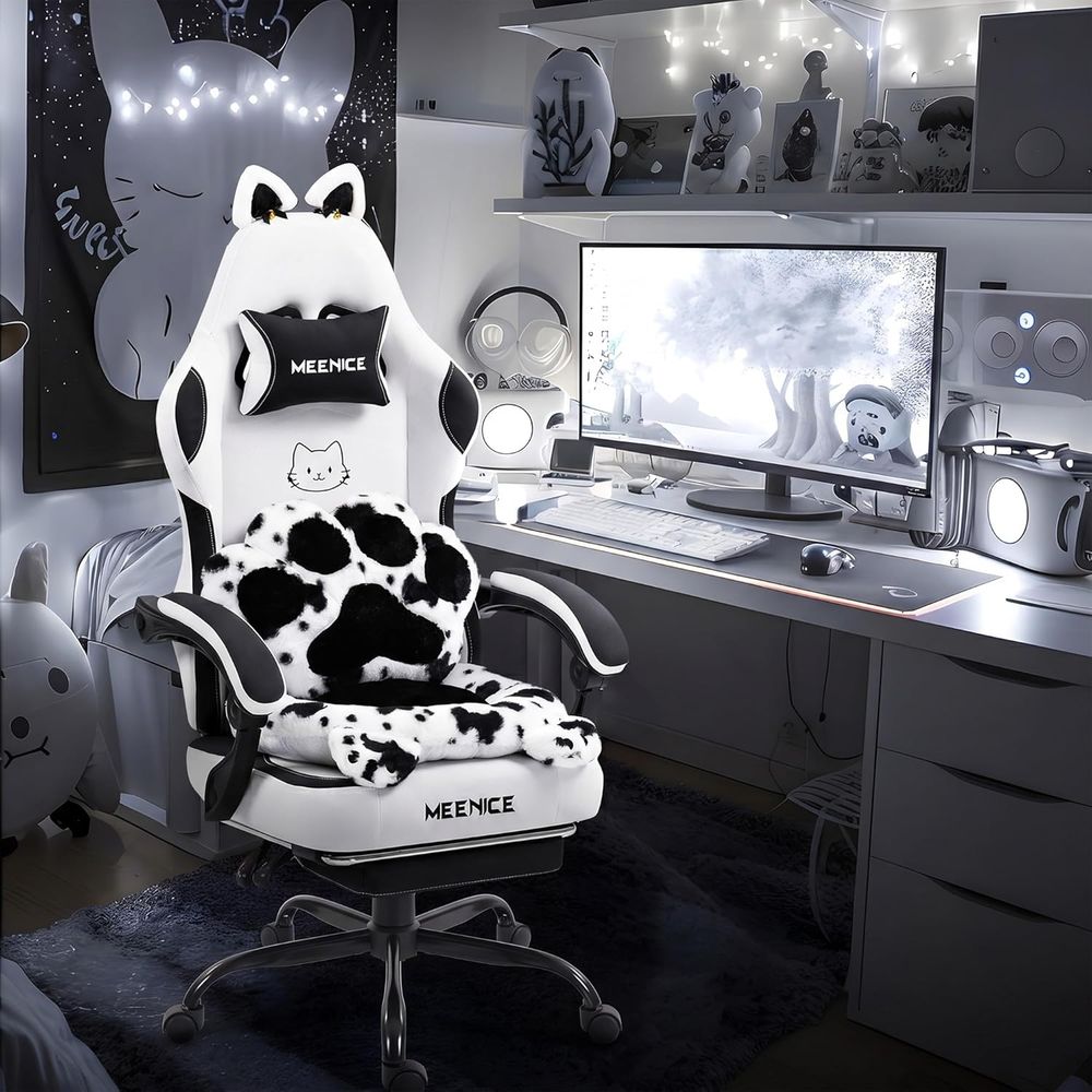 Pc Gaming Chair - Niedlicher Gaming-Stuhl mit Katzenohren und Pfoten-Lendenstütze,