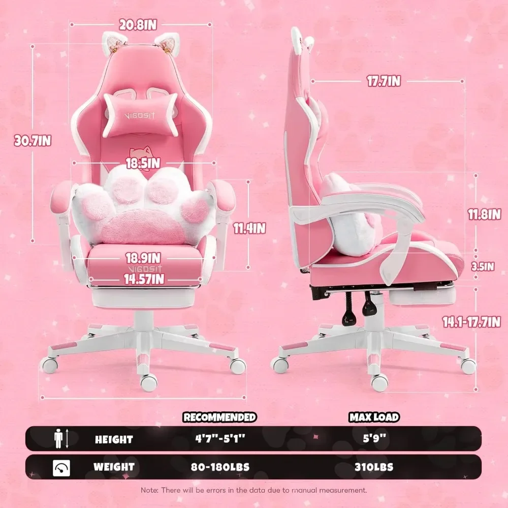 Pc Gaming Quotes - Rosa Gaming-Stuhl mit Katzenpfoten-Lendenkissen und Katzenohren,